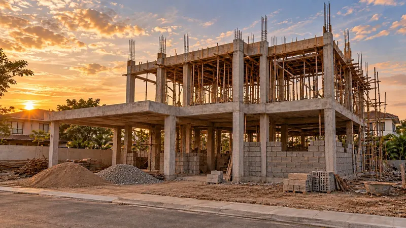 Illustrative render: a two-storey reinforced concrete frame with scaffolding