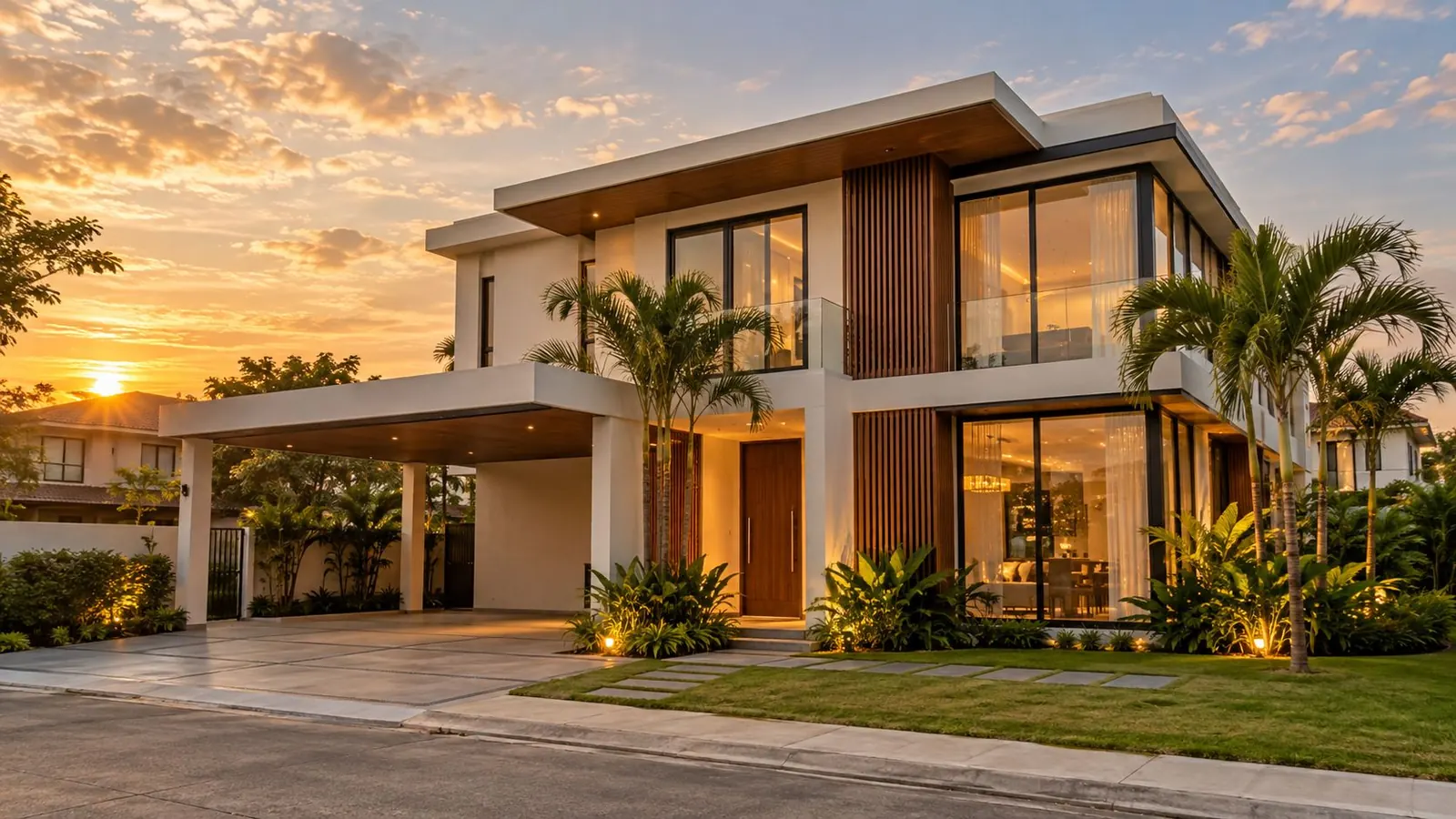 Illustrative render of a finished two-storey modern house at sunset